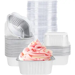 40 Pack Mini Cake Pans with , 5oz Square  Foil Brownie Baking Cups, Muffin Tin Ramekins, Disposable Dessert Cupcake Cups for Wedding Birthday Party, White
