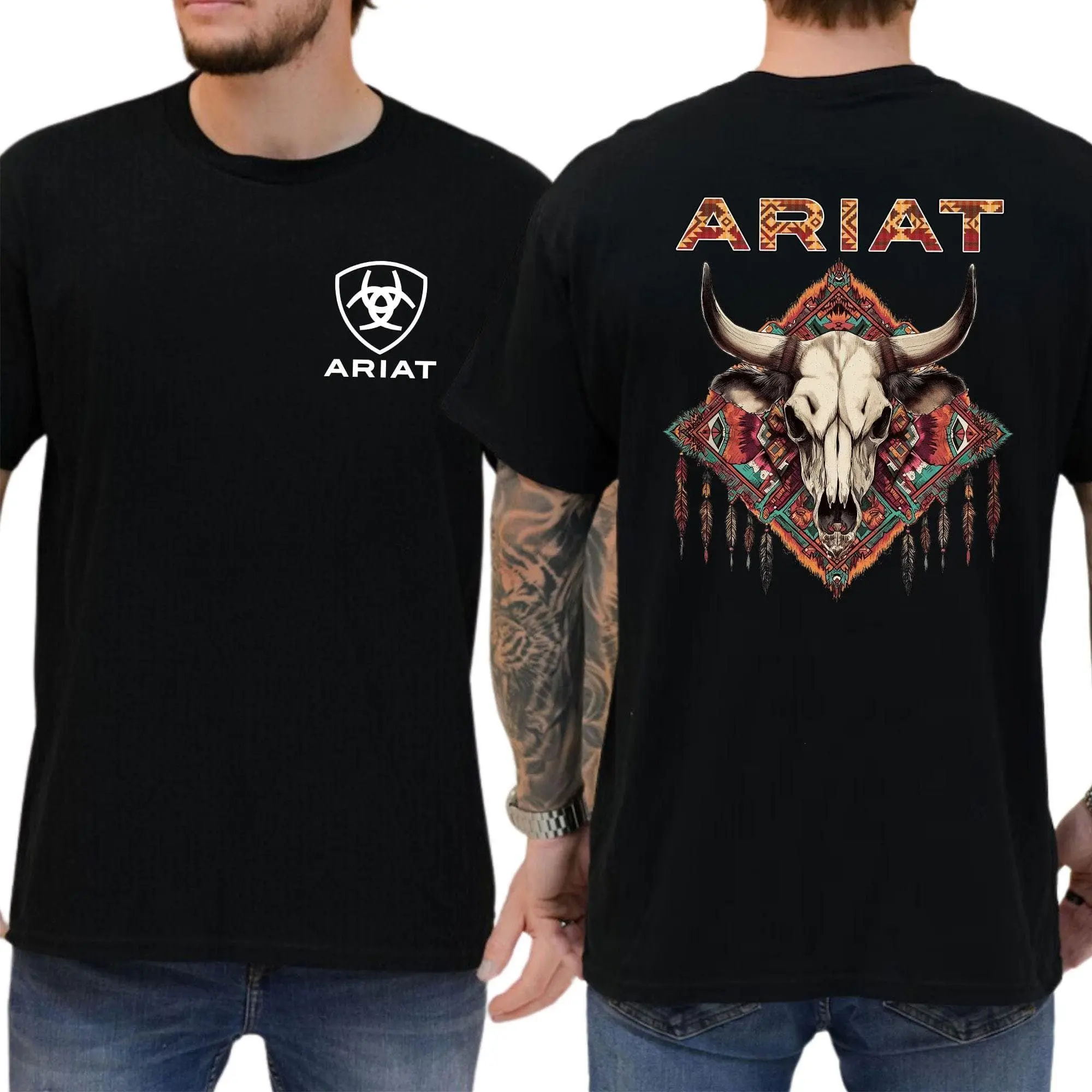 Ariat Shirt, Western Aztec Bull Skull Shirt, Rodeo T-shirt, Casual Menswear Cotton