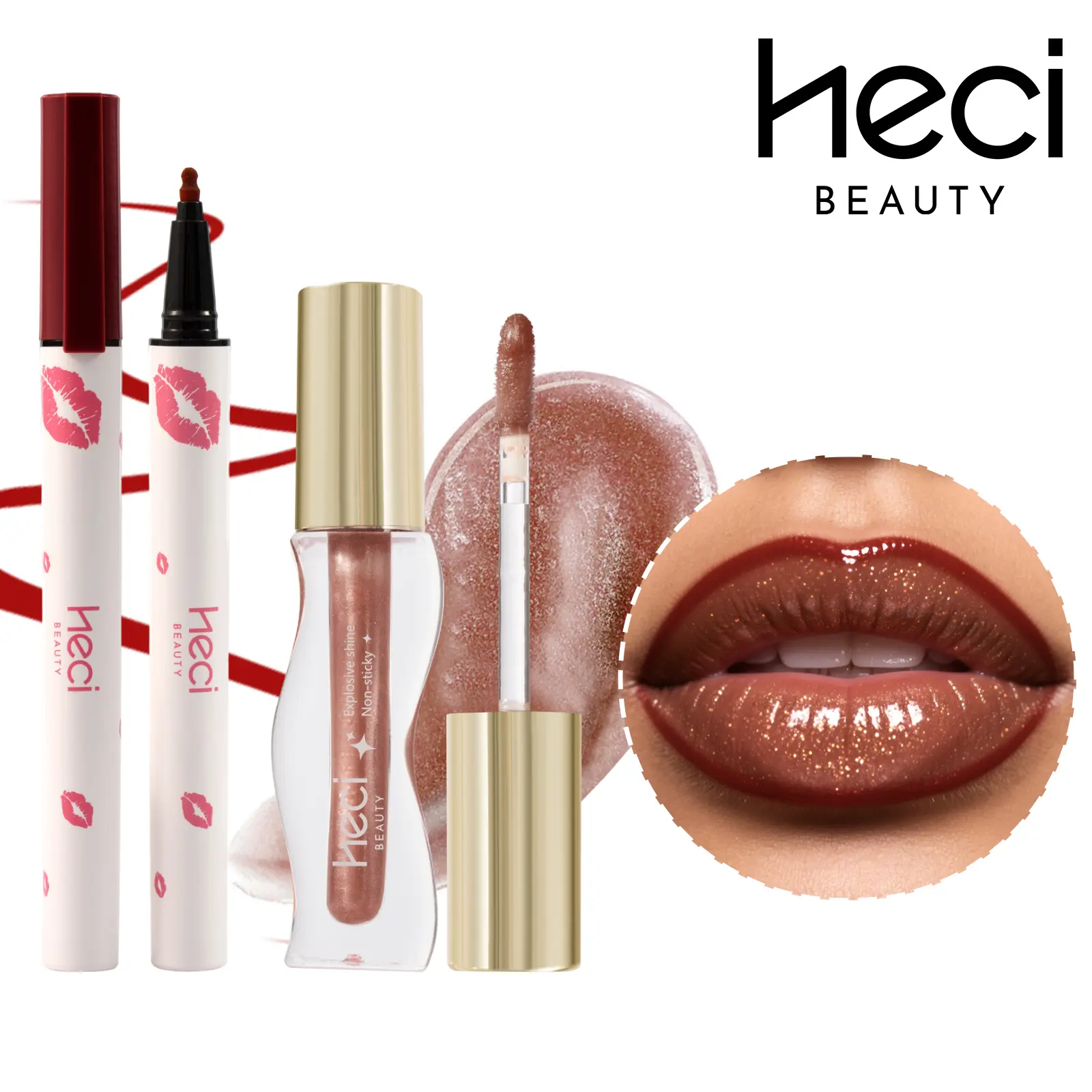 Heci Shimmer Lip Gloss & Lip Line Makeup Duo Set,2pcs High Shine And Long-Lasting Moisturizig Lip Makeup Kit Moisturizing