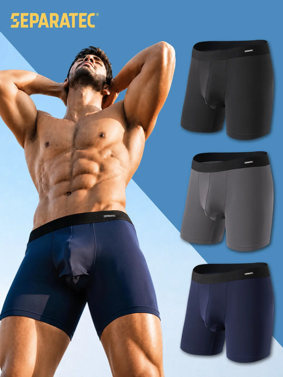 Separatec Men's Dual Pouch Boxer Briefs, Seamless Nylon Spandex Athletic Underwear, Moisture Wicking Smooth Fabric, 3 Pack, Sweat, Plain campingessentials, Mid Waist, Menswear, Breathable, Sport Casual