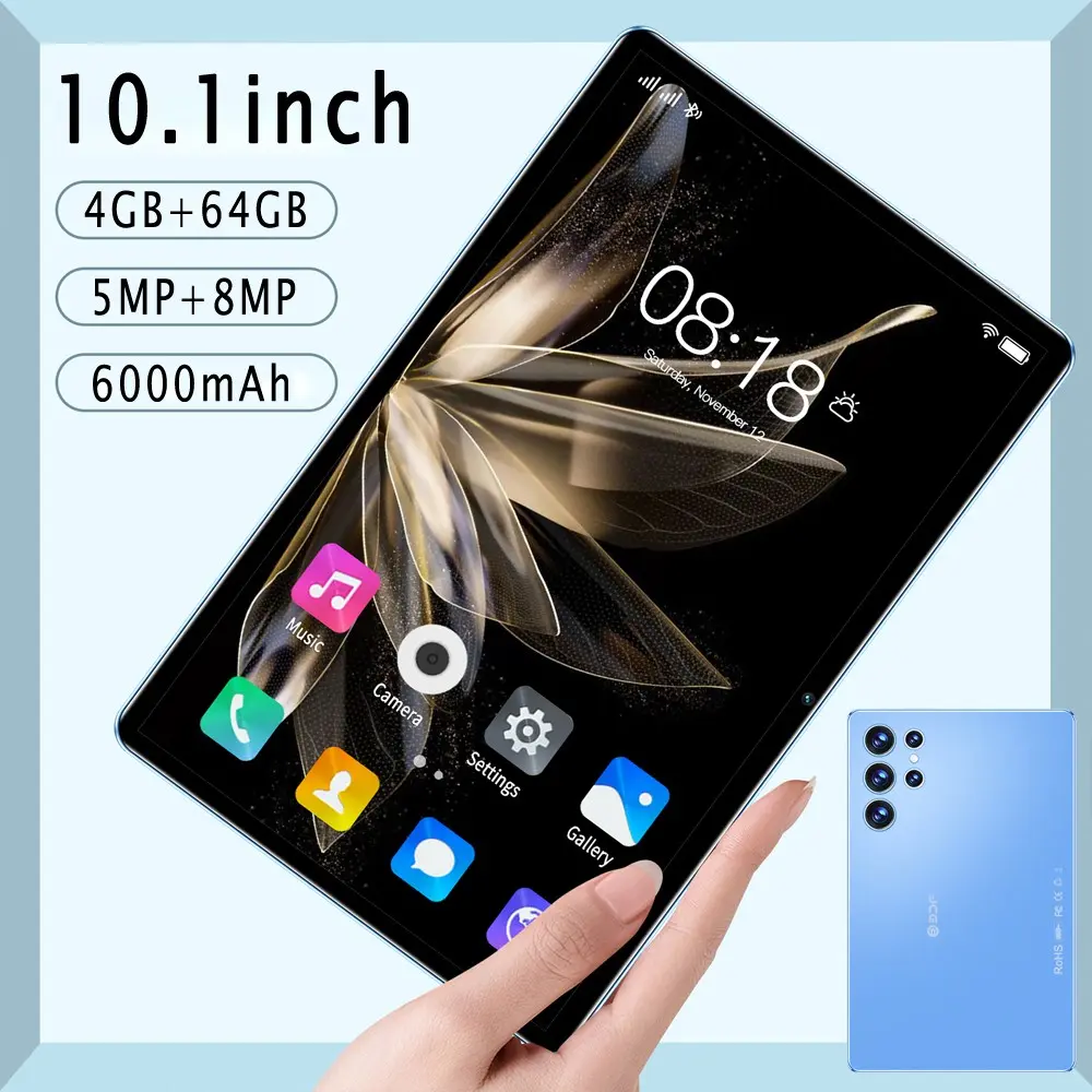 10.1-inch Touchscreen tablet H39 with calling capabilities, supports SIM card, TF card, expandable Android 14 4GB RAM 64GB ROM 6000mAh, high aesthetic aluminum alloy tablet, Android Tablet Computer, blue/black