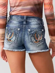 Jean Shorts for Women Mid Waisted Stretchy Ripped Denim Shorts Raw Hem Curvy Summer Trendy