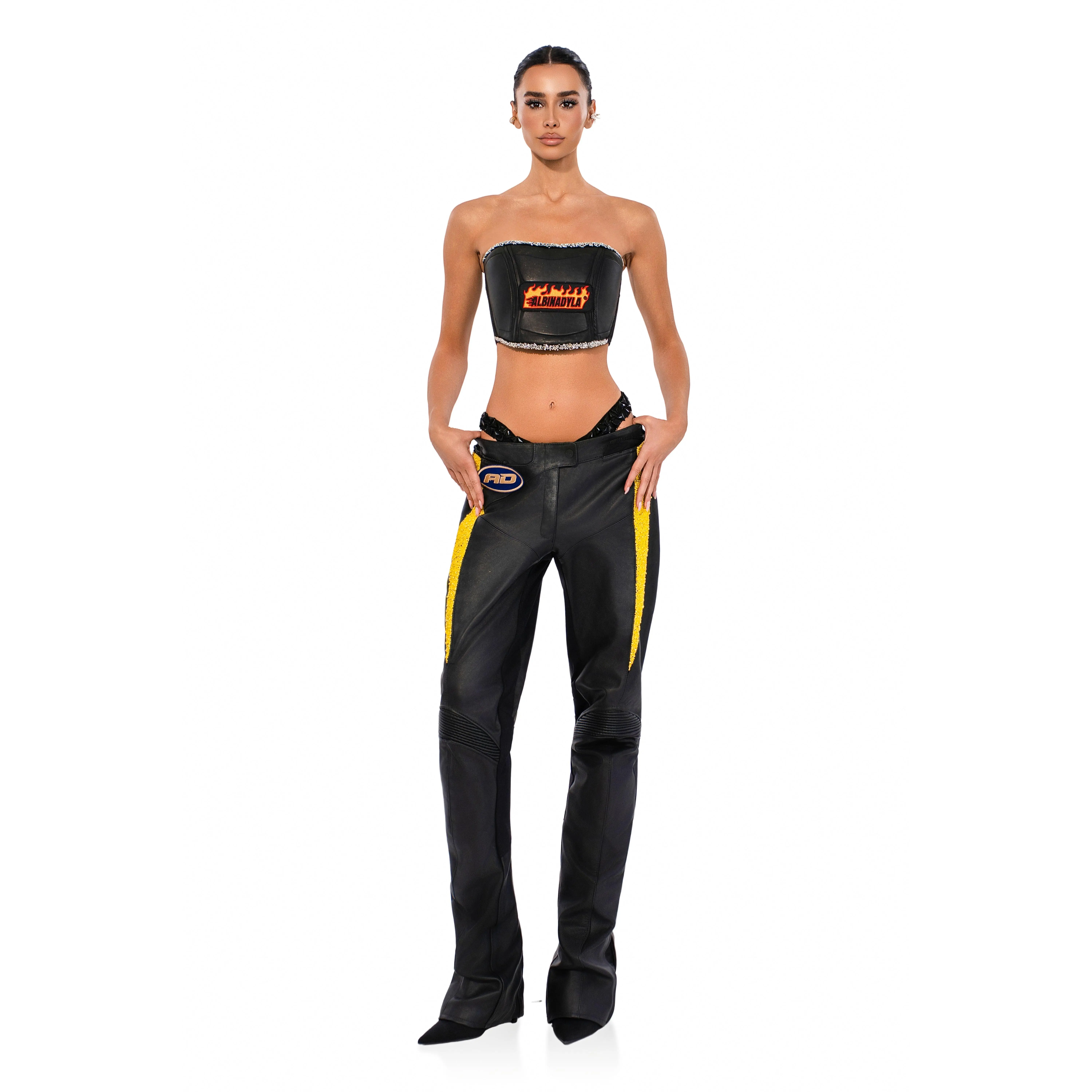 FLAME ALBINA DYLA TUBETOP AND DYLA MOTO LEATHER PANTS