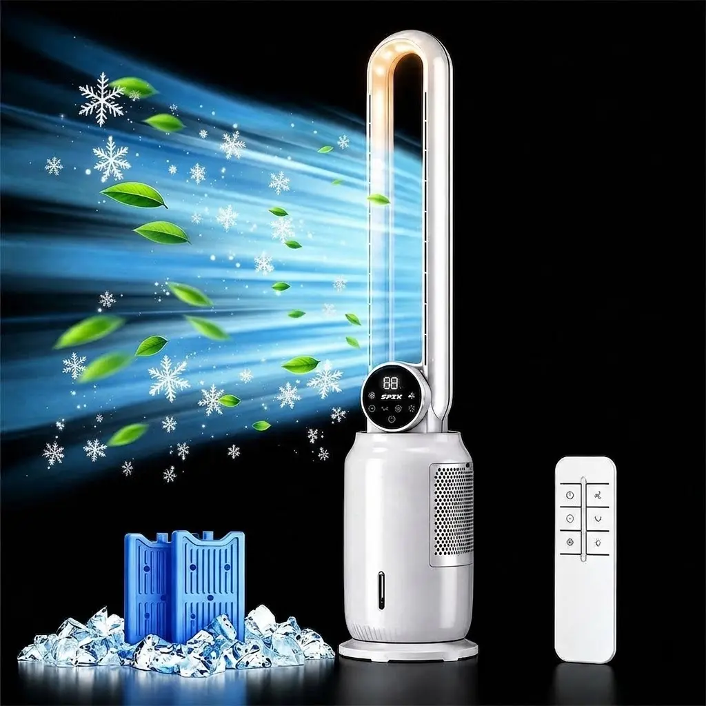 SPZK 2-in-1 Evaporative Air Cooler & Bladeless Tower Fan. 65W Whisper Quiet Freestanding Floor Fan with 2 Litre Tank, Remote. Child Safe Elegant Decor Perfect for Nursery, Kids Room, Bedroom & Living Room. Air Purifier.