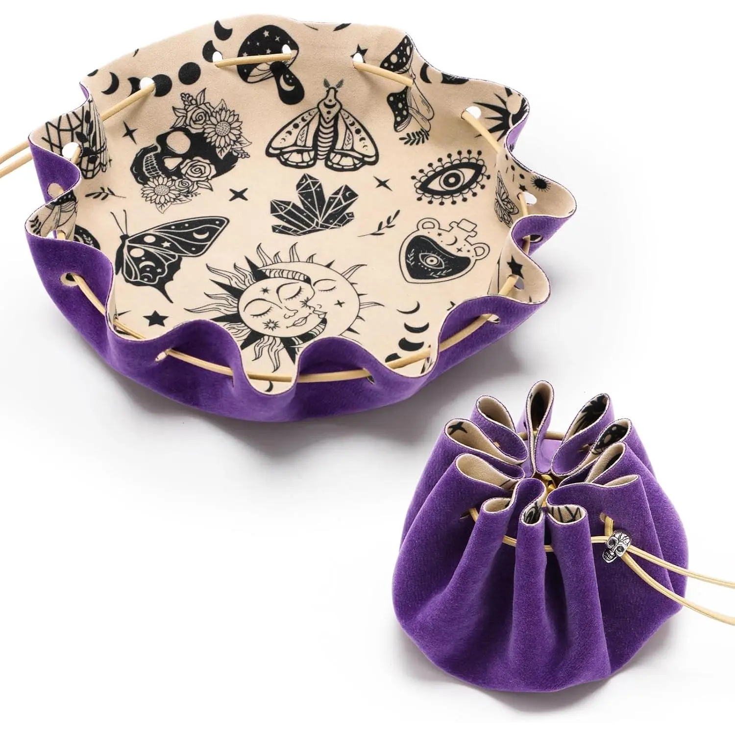 Purple Rolling Drawstring Roll Bag with DND Felt Dice Tray - Home Organizer Storage Bag for RPG Players, Small Accessories like Jewelry, Coins, Keys, Roll Bag Storage Bags