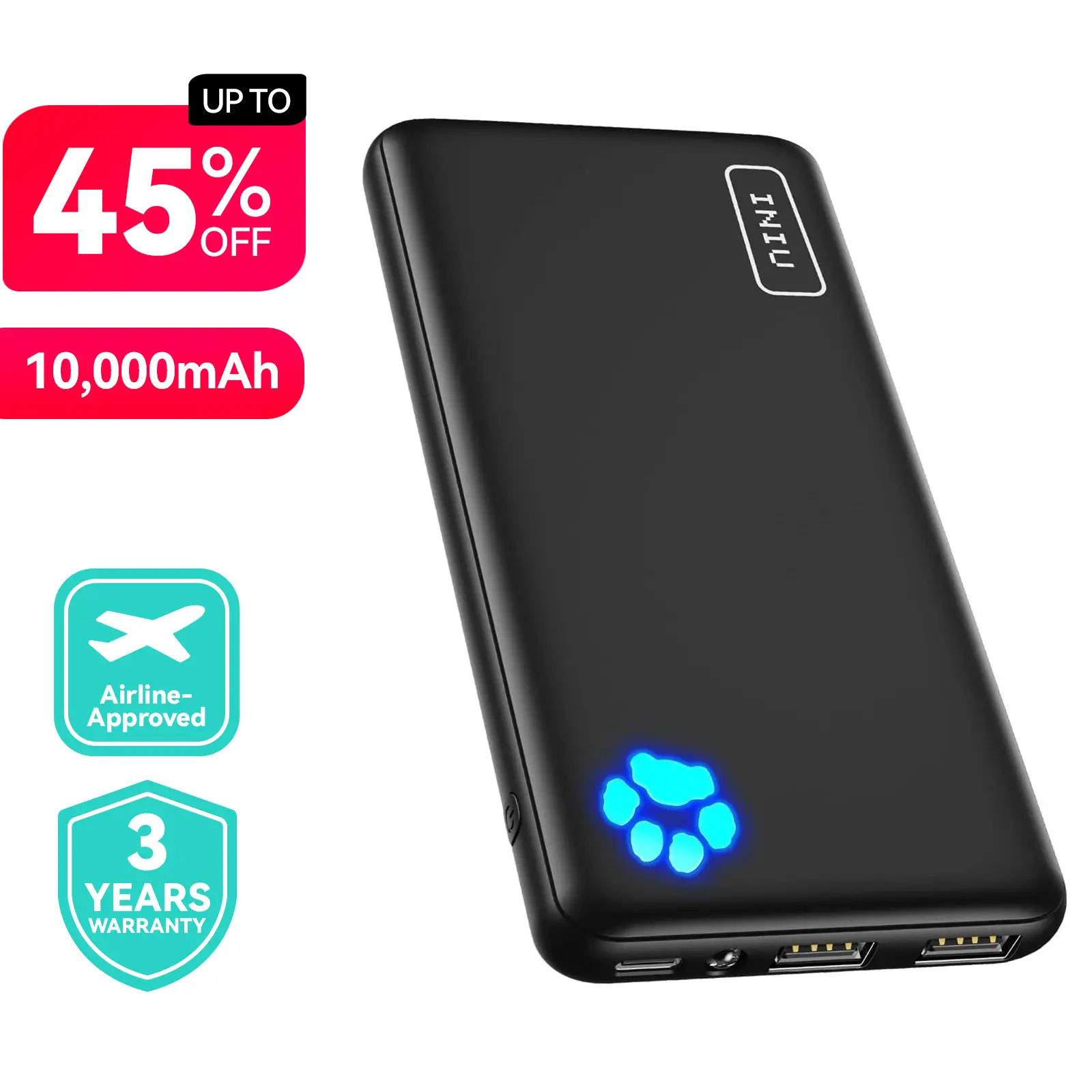 INIU Portable Charger 10000mAh Mobile Accessories, Slimmest 5V/3A USB Rechargeable Battery, C-Type Power Banks with USB-C In&Out High-Speed Charging, Travel Battery Pack Compatible with iPhone 17-13 Samsung S25-S24 Google iPad Black BSR
