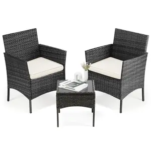 3-Piece Patio Furniture Set, Wicker Outdoor PE Rattan Furniture with Coffee Table & Washable Cushion, Compact Bistro Conversation Seating for Balcony, Garden, Poolside