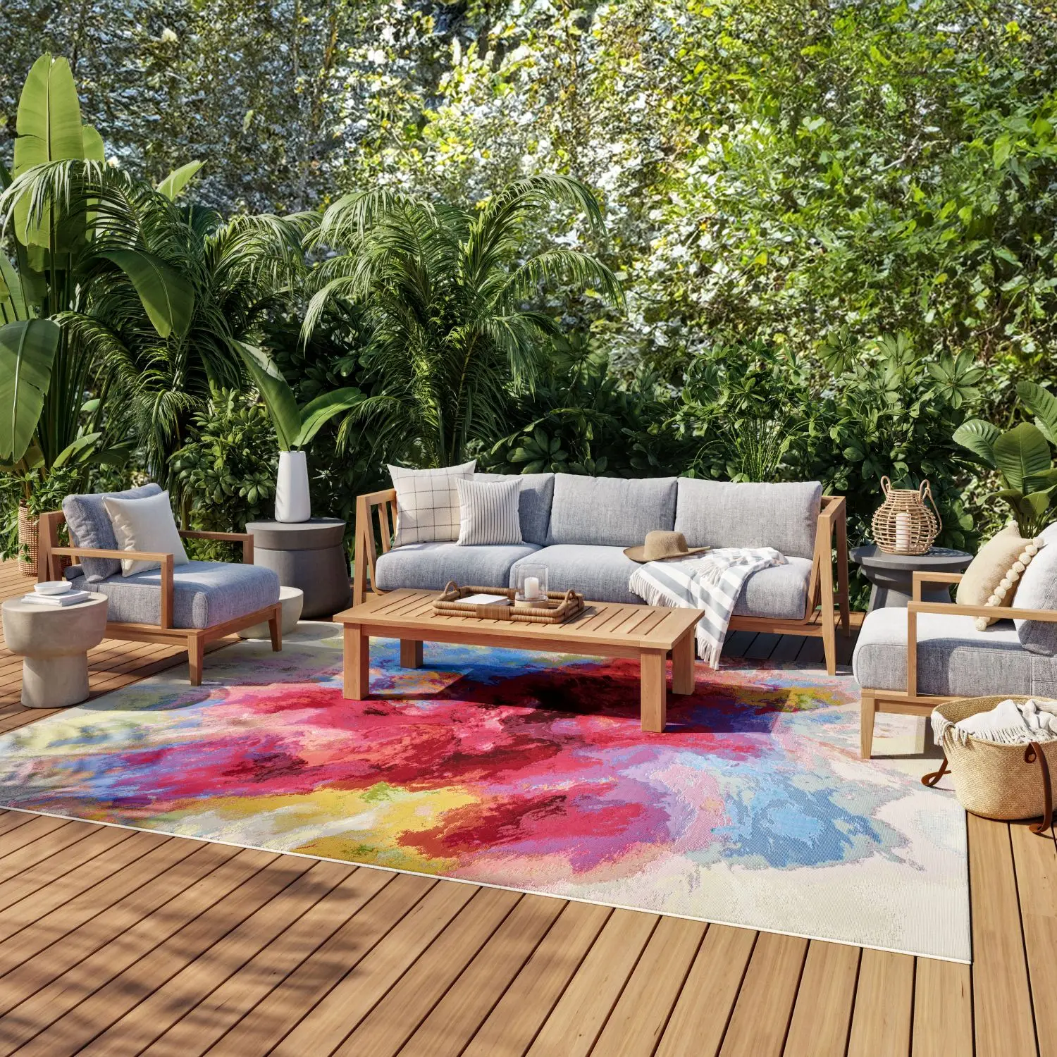 Nourison Color Splash Modern Abstract Multicolor Indoor-Outdoor Flatweave Garden Decoration Rug, Easy Rinse Painted Design