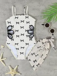 Girls' Bow Print One-Piece Swimsuit with Matching Skirt, Fashion Casual Two-Piece Set, Bow Swimwear, Summer Vacation, Bow Print Design