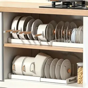 UFORU Plastic Expandable Adjustable Organiser Rack with Stainless Steel Dividers, Foldable Cabinet Storage, Multifunctional Holder for Pots, Pans & Pot Lids, White Grey Baking Pan Kitchen Accessory