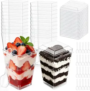 5 Oz 150ml 50 Pack Mini Cups,Clear Plastic Dessert Bowls,With Lids Spoons,Yogurt Fruit Pudding Ice Cream,Leak Proof Portable Design,Party Buffet Catering Gear,Birthday Wedding Shower FavorsEaster Valentine Graduation Decor,Baking,Disposable Tableware