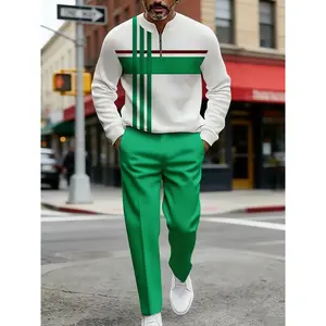 Men's Modern Color-Block Track Suit - Half-Zip Stand Collar & Geometric Pattern Casual Sportswear high quality polyester