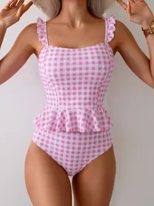 Women's Plaid Print Tankini Set, Casual Sleeveless Swim Top & Swim Bottom Two-piece Swimsuit for Beach Holiday Vacation, Ladies Fitted Swimwear for All Seasons, Tankini Swimsuits Women