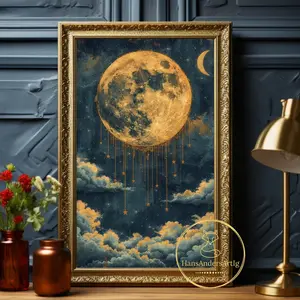 Vintage Moon Wall Art – Cottagecore Night Sky Print for Bedroom or Nursery, Celestial Home Decor, Unframed