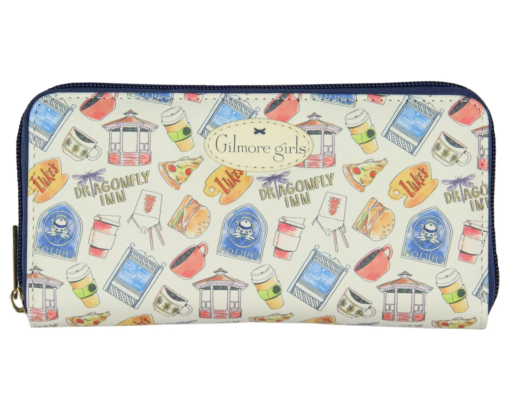 Gilmore Girls Dragonfly Inn Icons Allover Print Zip Around Closure Faux Leather Wallet For Women, Multiple Pockets, Stars Hollow Icons, Everyday Carry