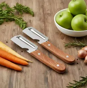【Summervibes】2-in-1 Fruit & Vegetable Peeler, Premium Stainless Steel Blade with Built-in Bottle Opener, Non-Slip Wooden Handle Kitchen Gadget for Potatoes, Apples, Zucchini, Papaya and Pumpkin