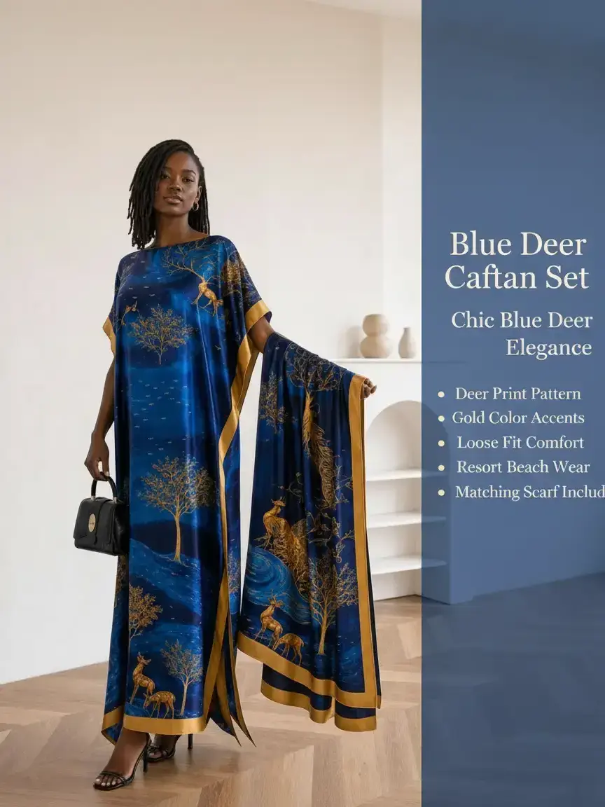 Women's 2-Piece Golden Deer Print Moomoo Dress & Scarf Set, Elegant Loose Fit Caftan Robe with Soft Drape for Resort Wear, Beach Cover Up, 2 Piece Sets, Lady, Wrap, Outfits
