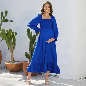 Maternity dress casual ruffle edge square collar elastic waist big swing long dress
