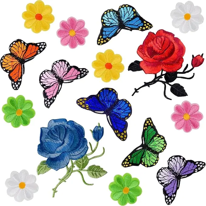 16 Pieces Flowers Butterfly Sunflowers Iron on/Sew on Patches Rose Embroidery Applique Patches for Arts Crafts DIY Decor, Jeans, Jackets, Clothing, Bags
