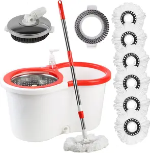 Upgraded Spin Mop and Bucket Set with 6 Replaceable Microfiber Heads - Hand Press Wring System, 360° Swivel, and Durable Stainless Steel Handle