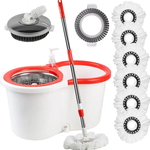 Upgraded Microfiber Cleaning Spin Mop and Bucket Set - Sturdy Stainless Steel Handle, Hand-Push Easy Wring System, 360° Swivel, 6 Refills, Floor Cleaning Supplies, Works on Tile, Laminate, Hardwood, Mother's Day Gift, Microfiber Cleaning Mop, Spin Mop Ref