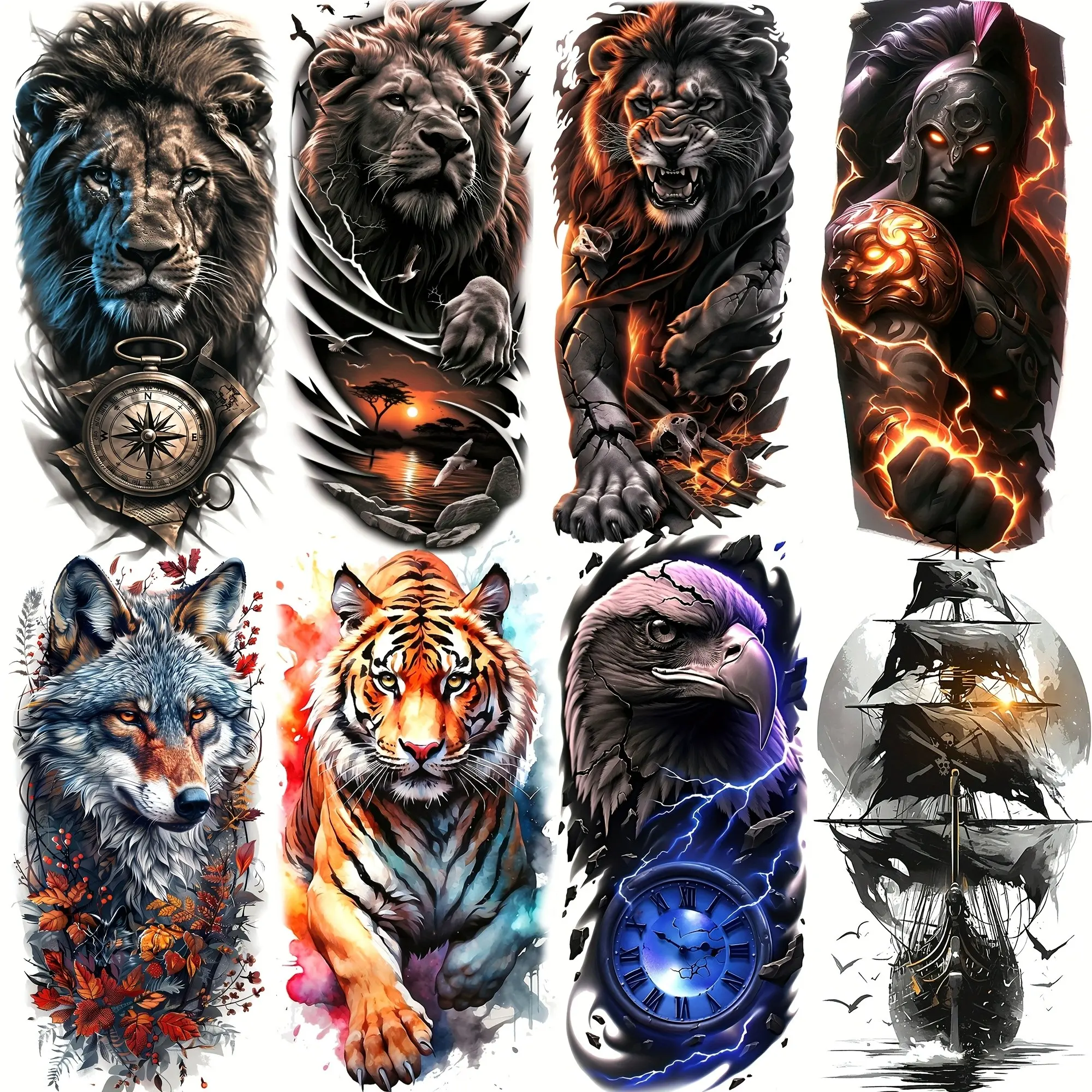 8 Sheets Fashion Cool Lion Warrior Owl Temporary Tattoos, Long-Lasting Realistic Tiger Wolf Pirate Ship Fake Tattoo Stickers, Waterproof Forearm Sleeve Decals, Tattoo Art, Body Fake Tattoos