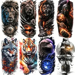 8 Sheets Fashion Cool Lion Warrior Owl Temporary Tattoos, Long-Lasting Realistic Tiger Wolf Pirate Ship Fake Tattoo Stickers, Waterproof Forearm Sleeve Decals, Tattoo Art
