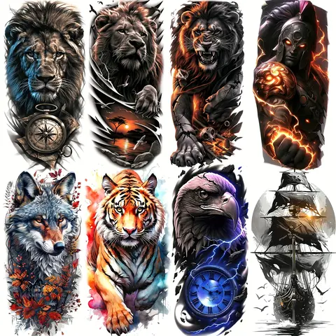 8 Sheets Fashion Cool Lion Warrior Owl Temporary Tattoos, Long-Lasting Realistic Tiger Wolf Pirate Ship Fake Tattoo Stickers, Waterproof Forearm Sleeve Decals, Tattoo Art, Body Fake Tattoos, Ephemeral Tattoos