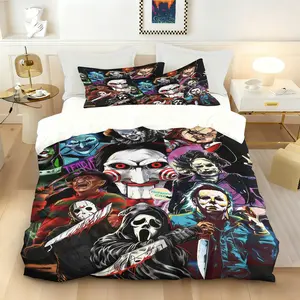 Horror Movie Characters Duvet Cover Set 2/3 Piece (1 Duvet Cover + 1-2 Pillowcases, No Comforter Included), Scary Movie Villains Print, Soft Microfiber Themed Bedding Set for Bedroom, Dorm & Horror Fans, Bed Sets Supplies