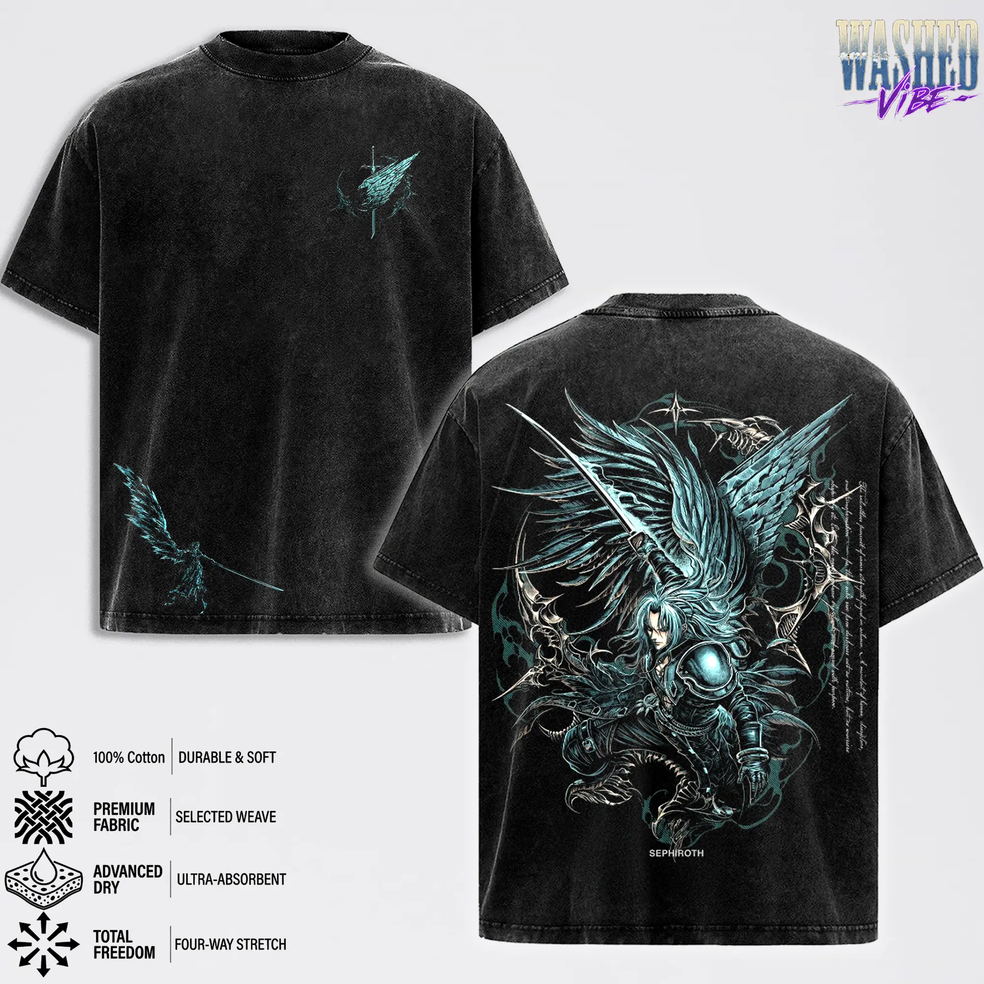 Sephiroth Final Fantasy VII Double Printed Oversize Hoodie Tshirt Acid Washed Tee TV Show Graphic Top Cotton Gift T-Shirt For Game Lover, Gift T-Shirt For Movie Anime Lover Men's Regular Fit Floral Print Tee streetwear