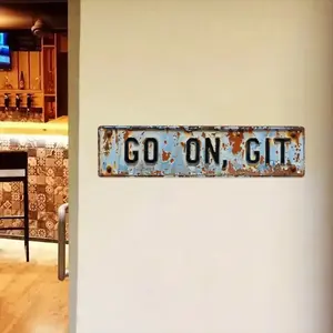 1pc 2D Retro Metal Wall Decoration "GO ON, GIT" - Country Style, Turquoise and Rust Color Letters - For Home, Porch - No Wiring Required - Large Size 15.7x 3.9inch - Pre-Drilled for Easy Hanging - Star Patter, Vintage Garage Signs