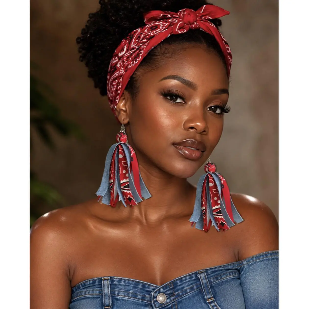 Handmade Red Bandana and Denim Tassel Earrings - Unique Fashion Accessory for Women