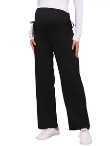 INSPIRE CHIC Women's Maternity Pants Ribbed Knit Palazzo Over the Belly Work Lounge Wide Leg Pregnancy Trousers Black
