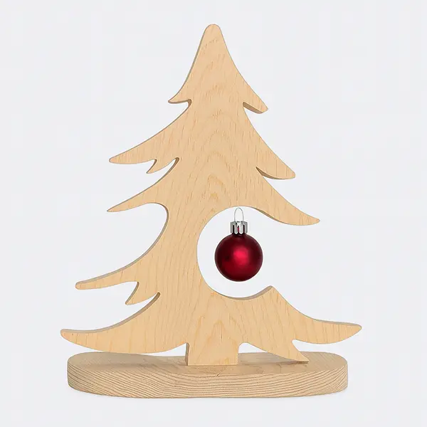 Wooden Scandinavian Design Christmas Tree Ornament 10 in with Red Bauble Natural Wood Finish for Festive Decor Elegant Rustic Charm