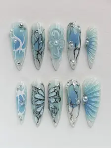 Blue Ocean Mermaid Press On Nails | Luxury Chrome Finish, 3D Flower Art