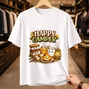 Happy Camper T-Shirt - Cute S'mores & Campfire Graphic Tee, Kawaii Outdoor Adventure Shirt, Whimsical Summer Camp Outfit for Women & Kids, Funny T Shirt