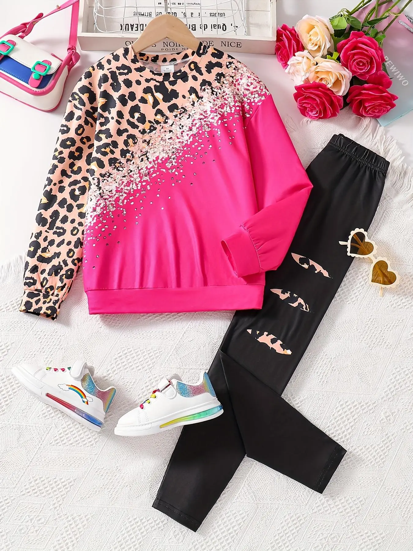 Two-Piece Set Girl's Patchwork Leopard Print Top & Elastic Waist Leggings Set, Casual Fashion Round Neck Long Sleeve Top & Skinny Pants for Daily Outd