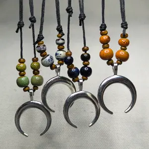 Large Crescent Moon Silver Charm Ceramic Boho Hippie Whimsical Adjustable Black Rope Cord Choker Stacking Necklace jewelry