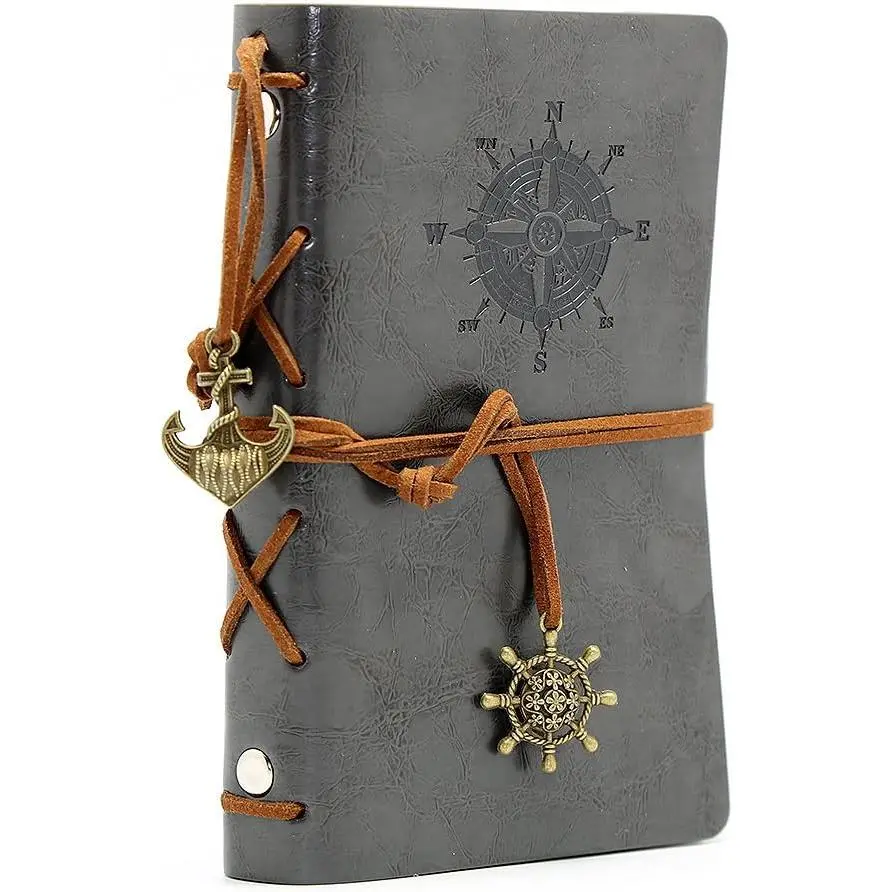 Leather Writing Journal Notebook, 5 Inches  Nautical Spiral Blank String Diary Notepad Sketchbook Travel to Write in, Unlined Paper, Retro Pendants, Classic Embossed, Grey