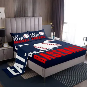 Feelyou 3D Baseball Ball Microfiber Bedding Sheet Set - Breathable Soft Bedsheet Sets, Deep Pocket Fitted Sheet for Kids, Ball Games Room Decor (Blue, Eat Sleep Baseball Design), Microfiber Bed Sheet