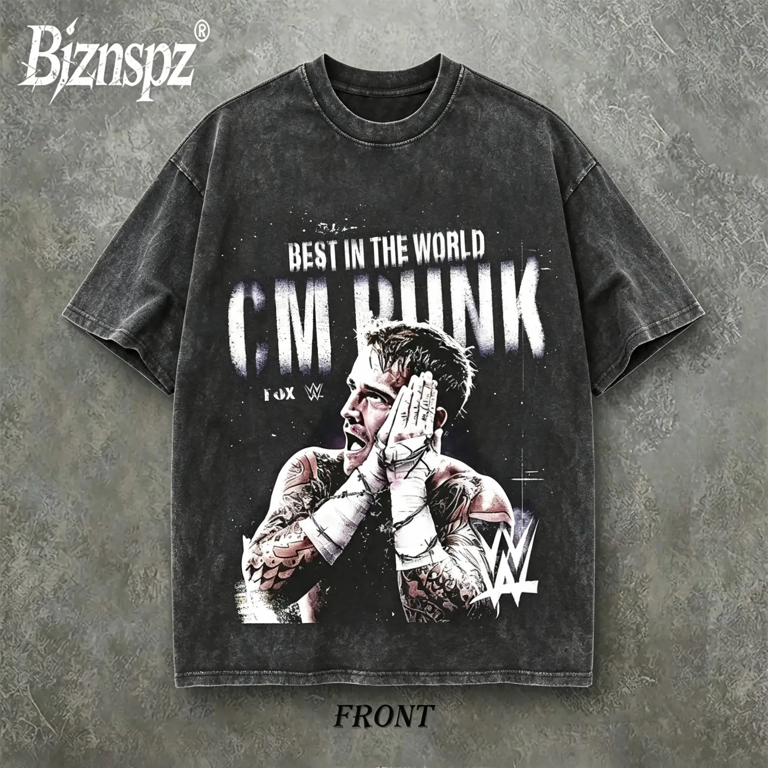 Menswear Short-Sleeve Round Neck Vintage Washed CM Punk Best in the World T-Shirt, Soft Stylish WWE Wrestling Graphic Tee, Heavyweight Oversized Cotton Pullover, Pro Wrestling Fan Gift