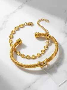 2-piece set of fashionable and versatile 18K gold embossed open-ended twist bracelet, a light luxury diamond-encrusted bracelet # Jewelry / Stainless Steel / Colorfast / Hypoallergenic / Couples / Festival / Party / Ideal Gift