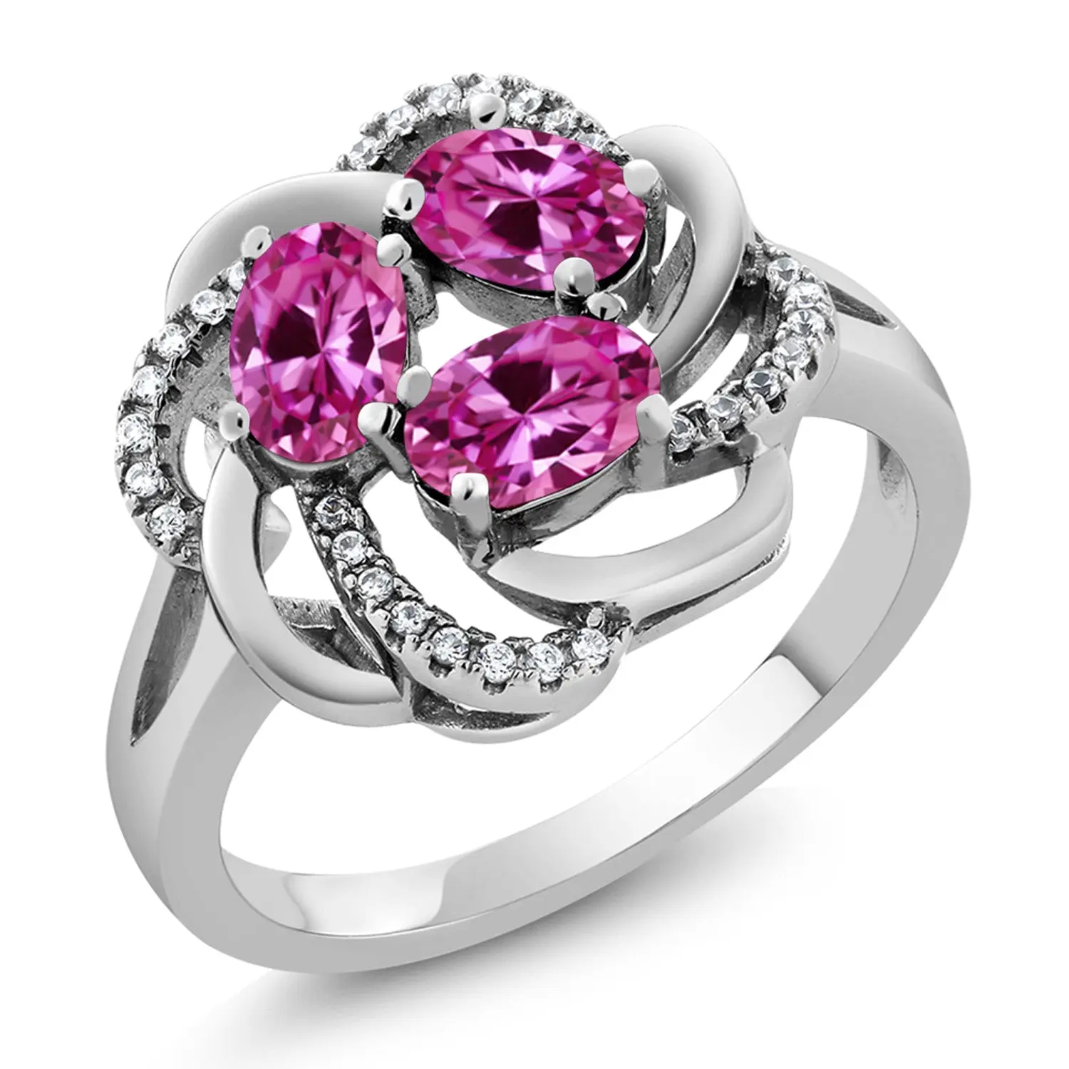 925 Sterling Silver Pink Created Sapphire 3-Stone Flower Blossom Ring For Women | 1.87 Cttw | Oval 6X4MM | Gemstone September Birthstone | Fine Jewelry Gift for Women