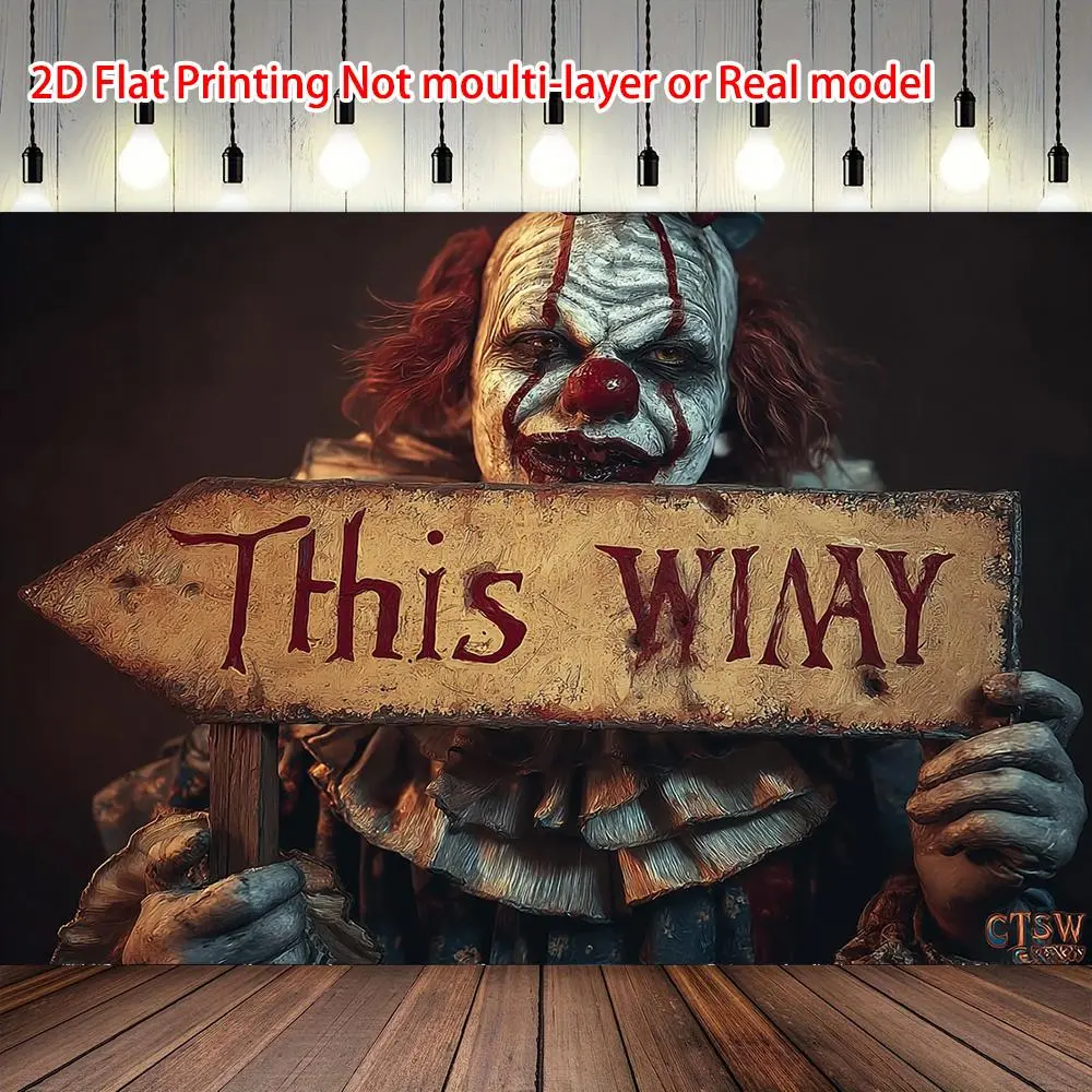 1pc 2D Flat Glam Durable Vintage Scary Clown Circus Banner, Halloween Hangable Textile Decor with "THIS WAY" Sign, No Electricity Needed, Easy Hanging Setup, Haunted House Ornament for Horror Lovers