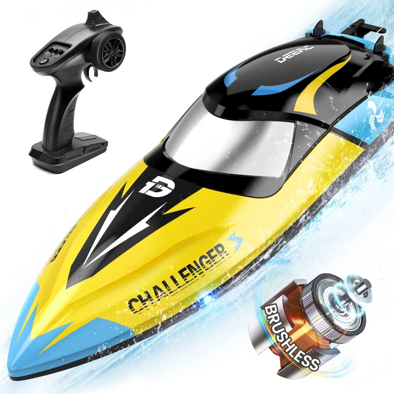 DEERC Brushless RC Boat, 30+ mph Fast RC Boats Never Capsize&Low Battery Alarm Function, 2.4GHz Racing Boat with LED Lights  Rechargeable Batteries, Durable Water Toy