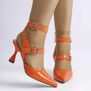 Women's Orange PU Pointed Toe High Heel Sandals with Buckle Design High Heeled Pumps for Business & Casual Wear