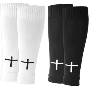 2 Pairs Pre Cut Soccer Socks, Polyester Shin Guard Sleeves White Black Cross Leg Sleeves for Football Basketball Running