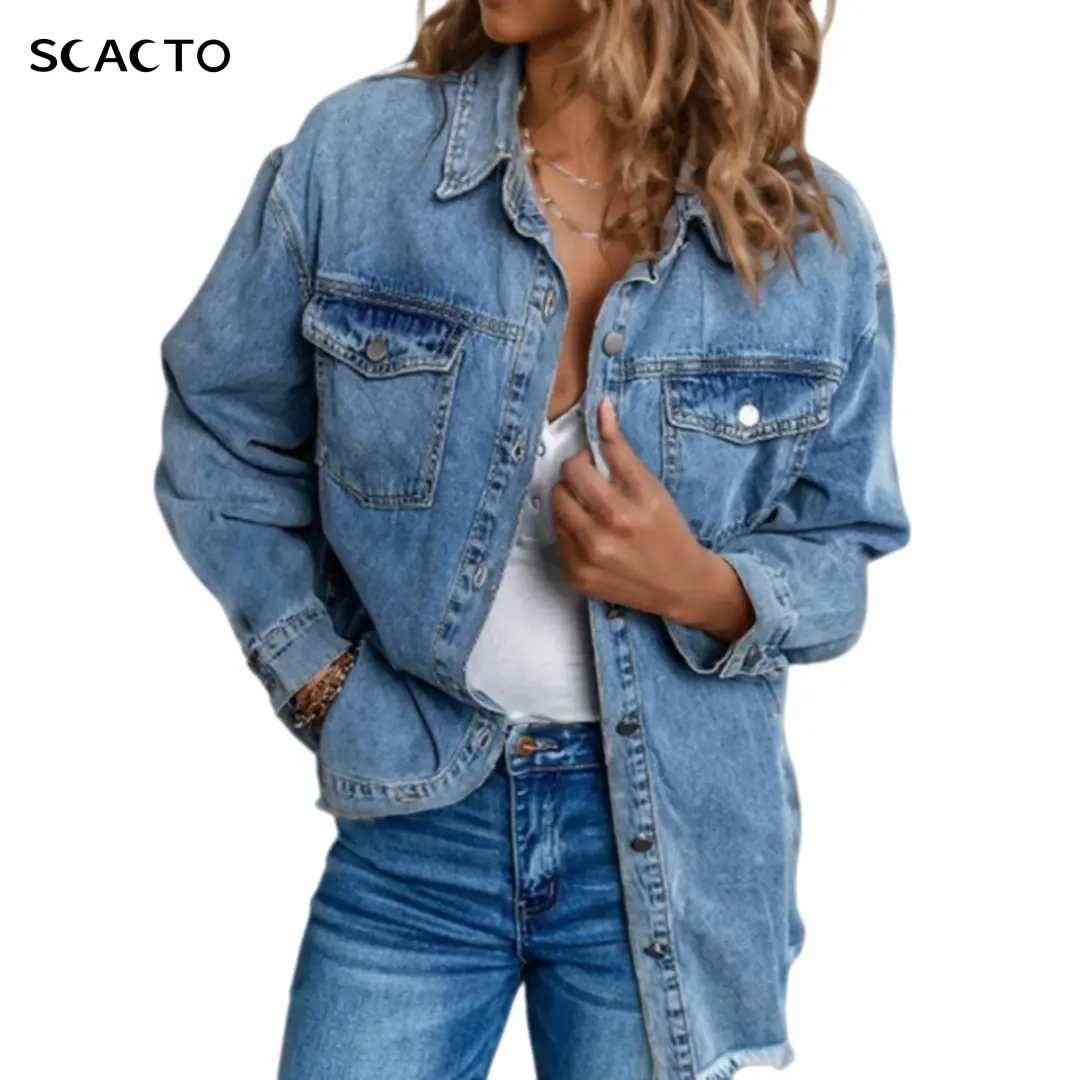 Scacto Women's Fashion Ripped Denim Blouse - Casual Regular-Fit Long Sleeve Button-Down Polyester Top with Edgy Raw Hem, Sizes S-3XL, Distressed Denim Style