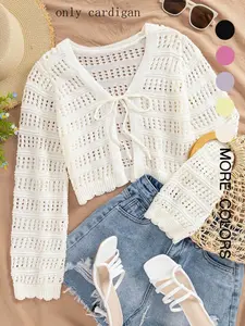 Women's Plain Hollow Out Tie Front    Sweater Cardigans, Casual Long Sleeve   Knit Top for Summer, Fashion Women's Knitwear for Daily Wear