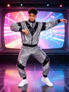 80s TV Dance Performance Sportswear Suit | Retro Jogging Suit Fluorescent Zipper Jacket + High Waist Side Striped Pants | Talent Show Party Retro Clothing